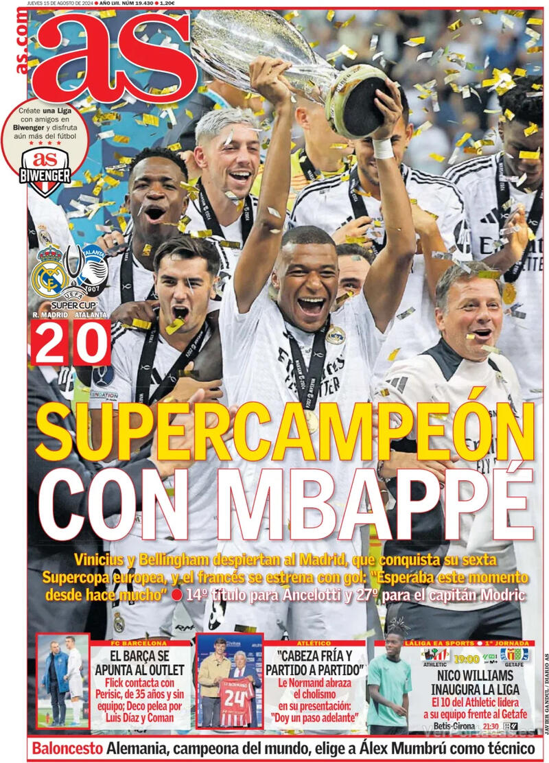 PORTADAS PRENSA DEPORTIVA JUEVES 15 DE AGOSTO Portada-periodico-as-15-08-2024-47cff735