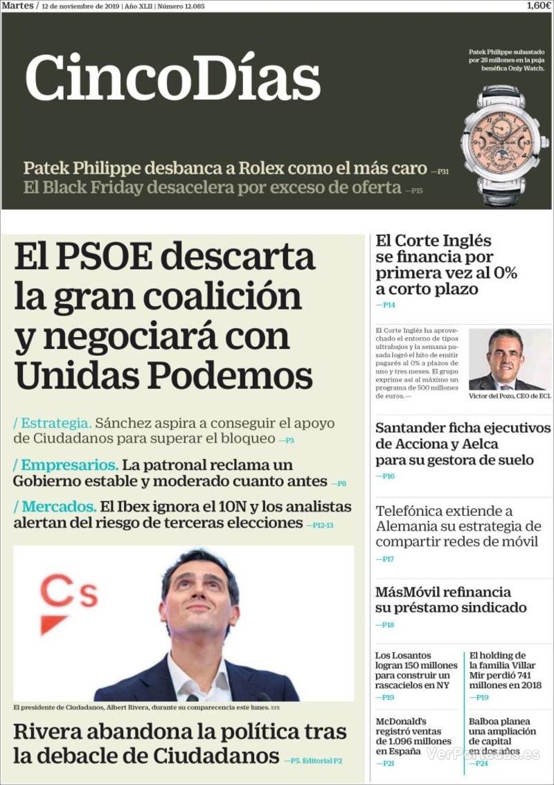 Portada Cinco Días 2019-11-13