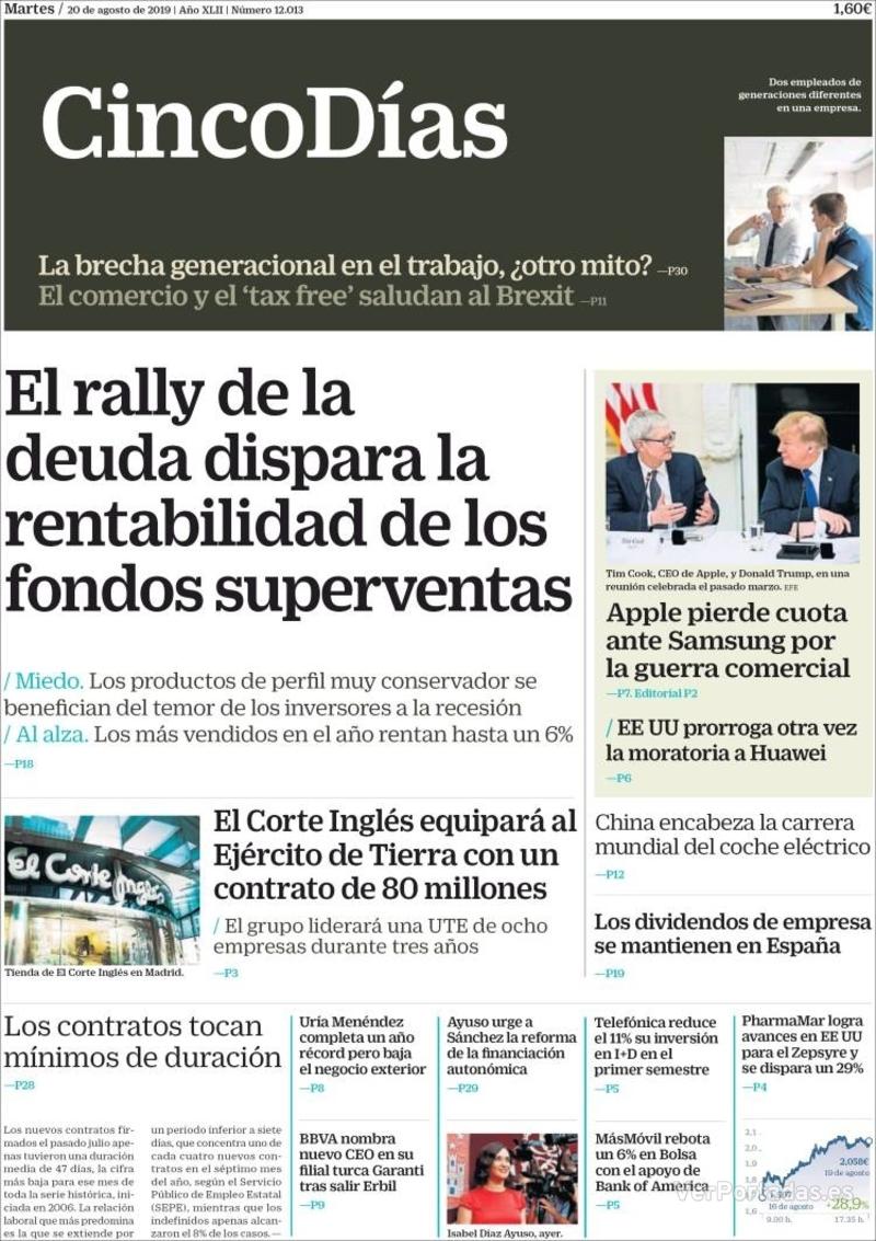 Portada de Cinco Días Portada El Economista 2019-08-20