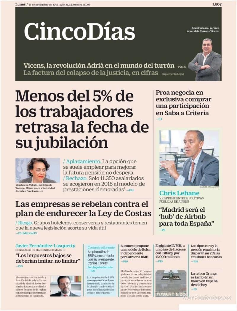 Portada Cinco Días 2019-11-26