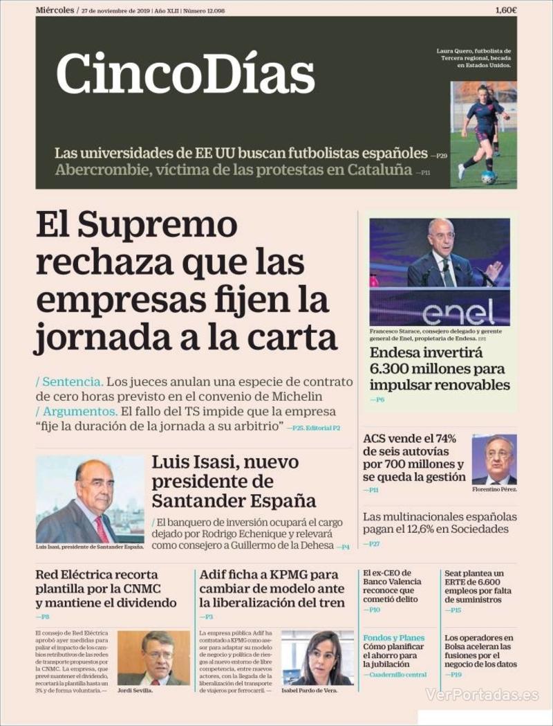 Portada Cinco Días 2019-11-28