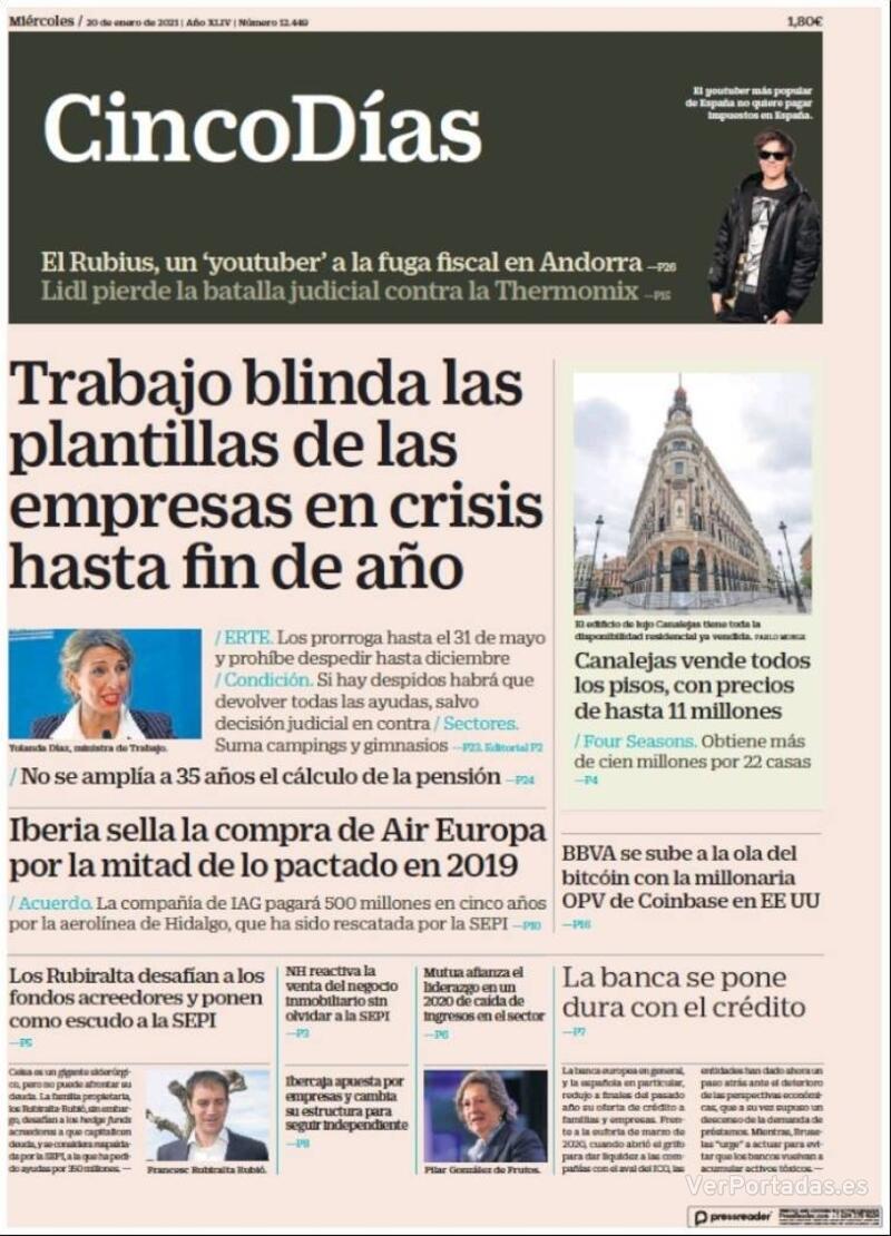 Portada Cinco Días 2021-01-21