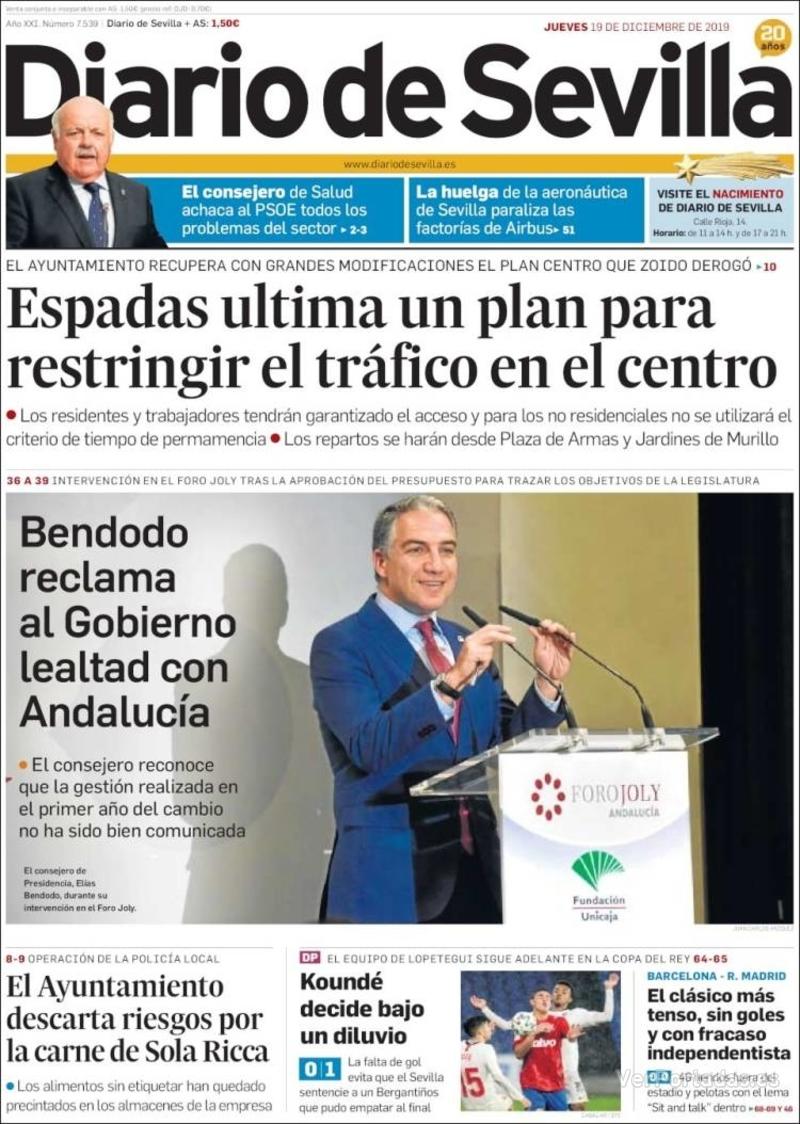 Portada Diario de Sevilla 2019-12-20