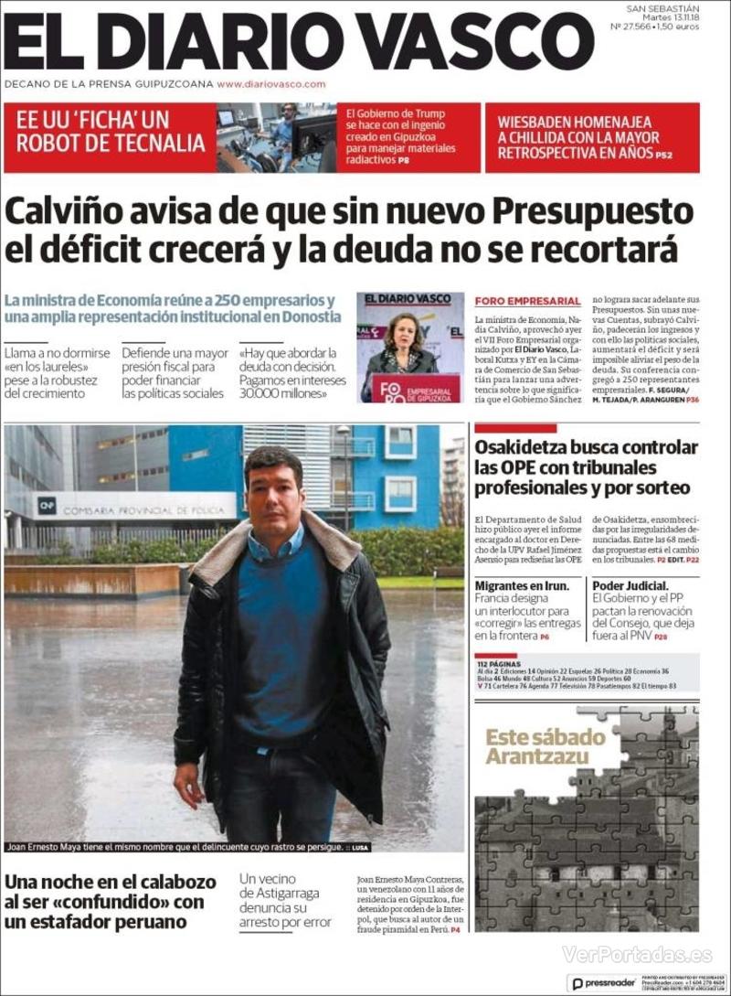 Portada El Diario Vasco 2018-11-14