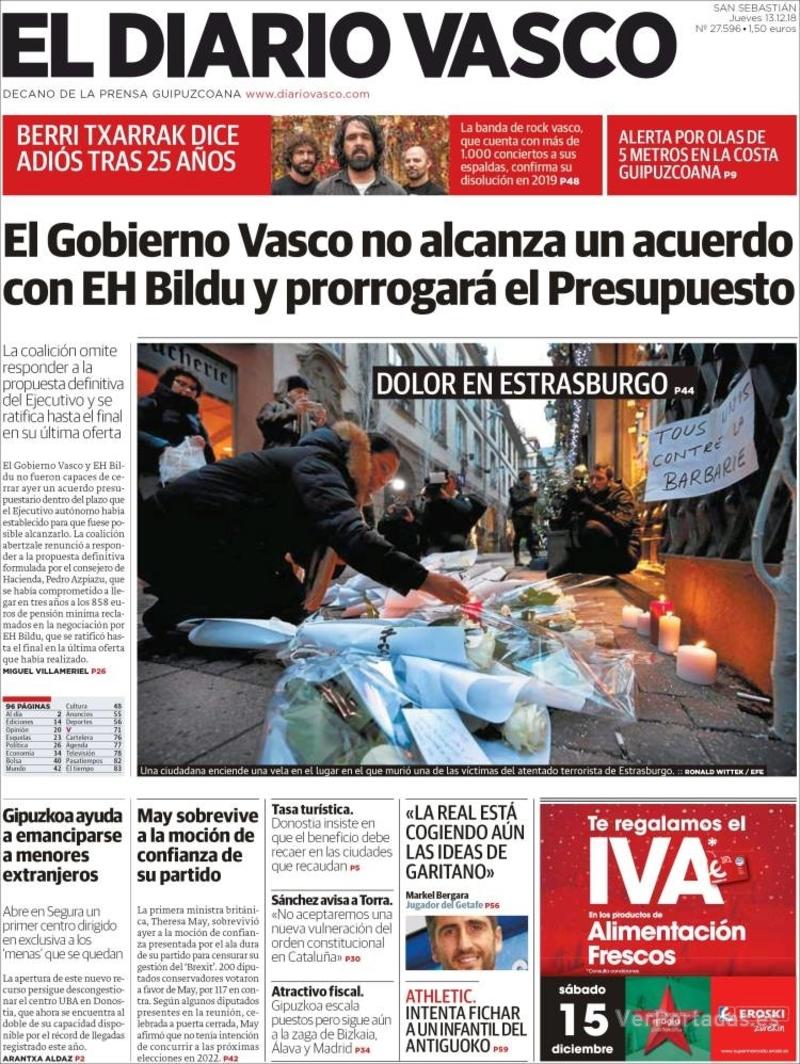 Portada El Diario Vasco 2018-12-14