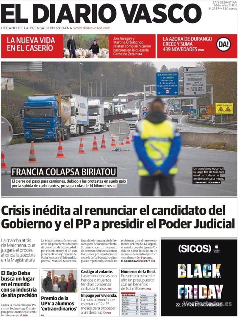 Portada El Diario Vasco 2018-11-22