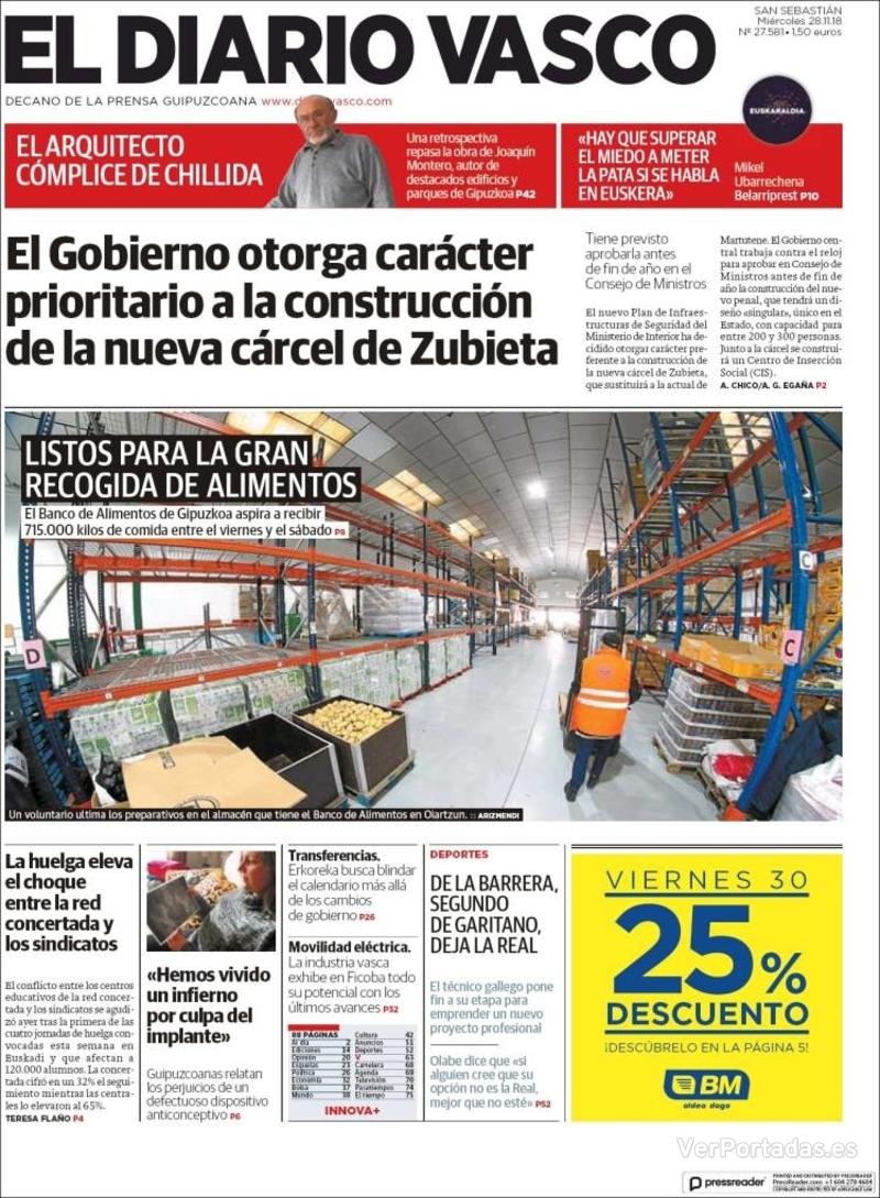 Portada El Diario Vasco 2018-11-29