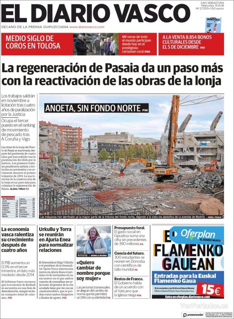 Portada El Diario Vasco 2018-11-01