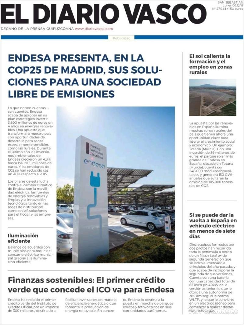 Portada El Diario Vasco 2019-12-03
