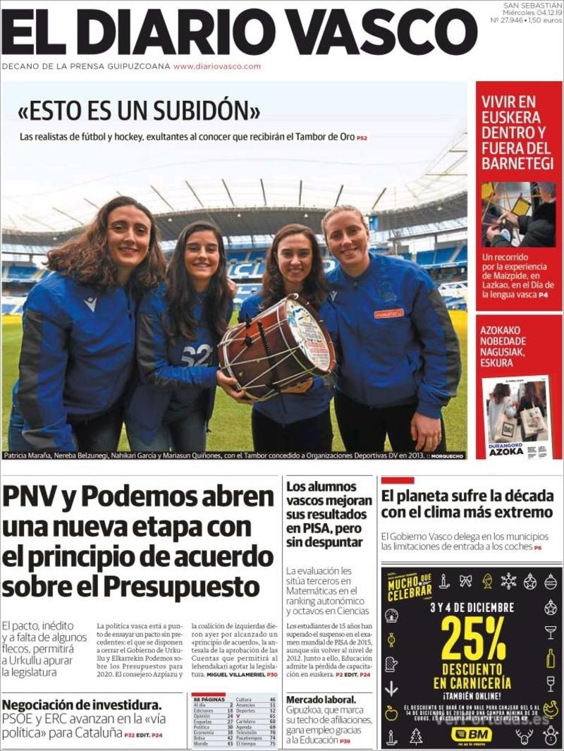 Portada El Diario Vasco 2019-12-05