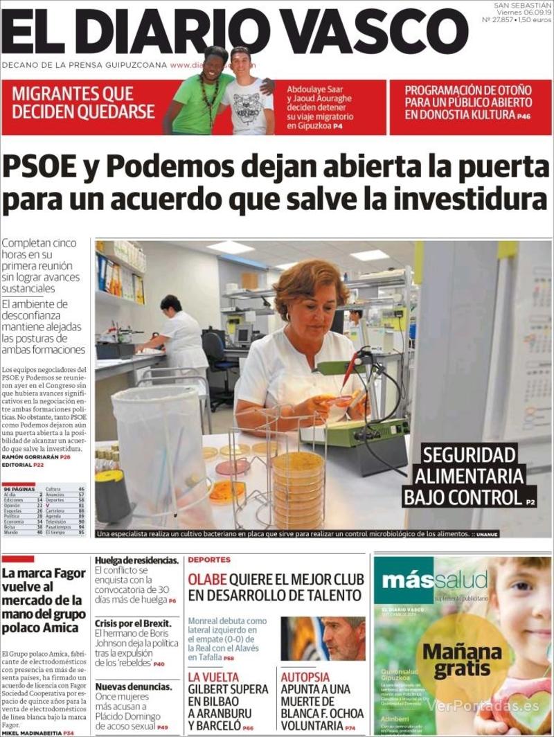 Portada El Diario Vasco 2019-09-07