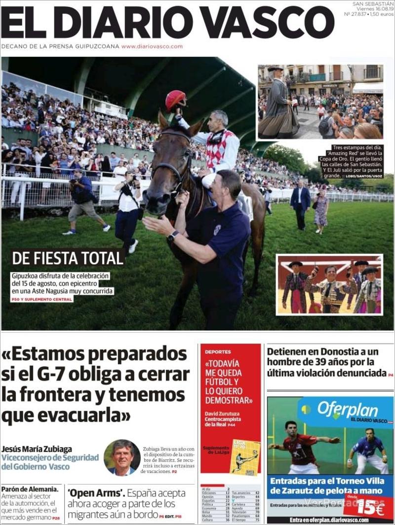 Portada El Diario Vasco 2019-08-17