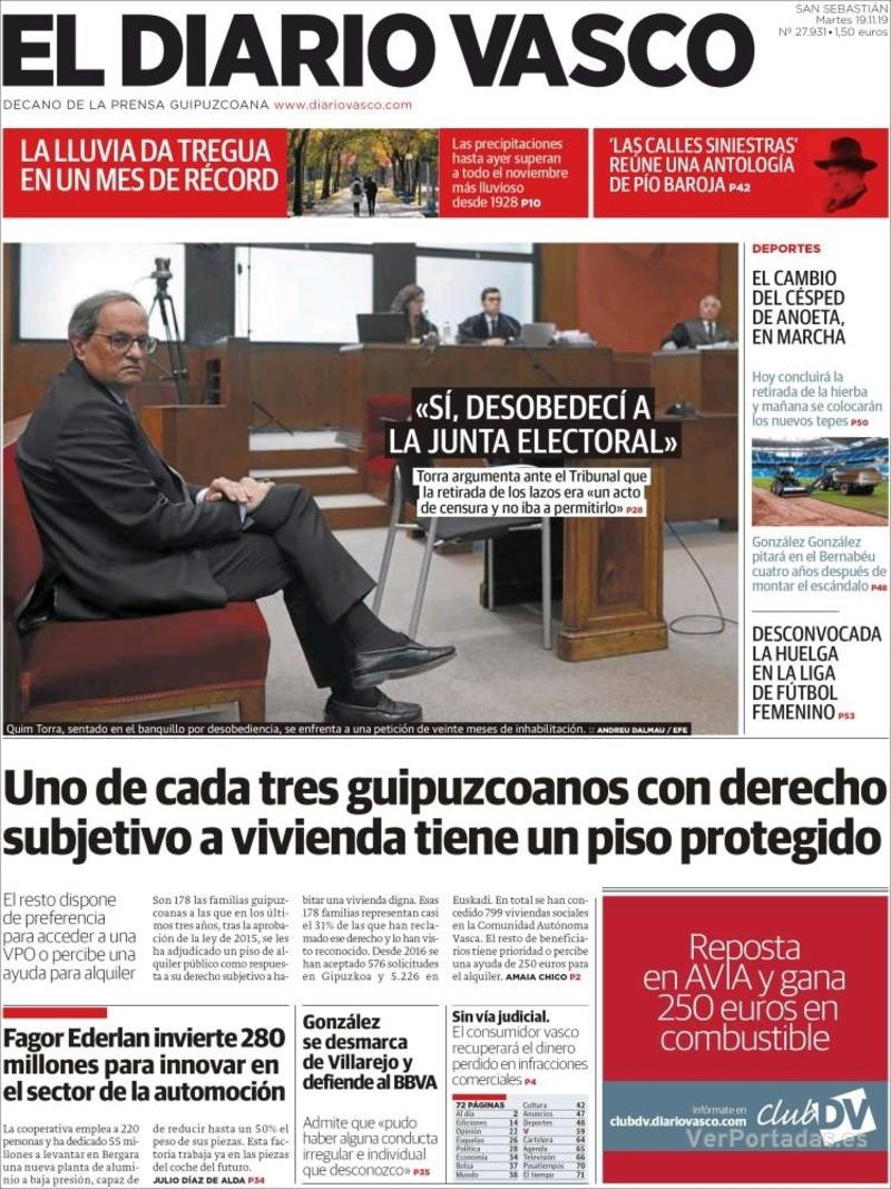 Portada El Diario Vasco 2019-11-20