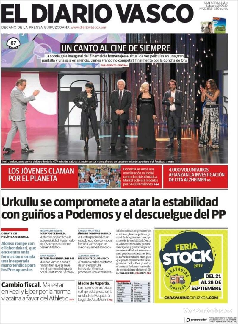 Portada El Diario Vasco 2019-09-22