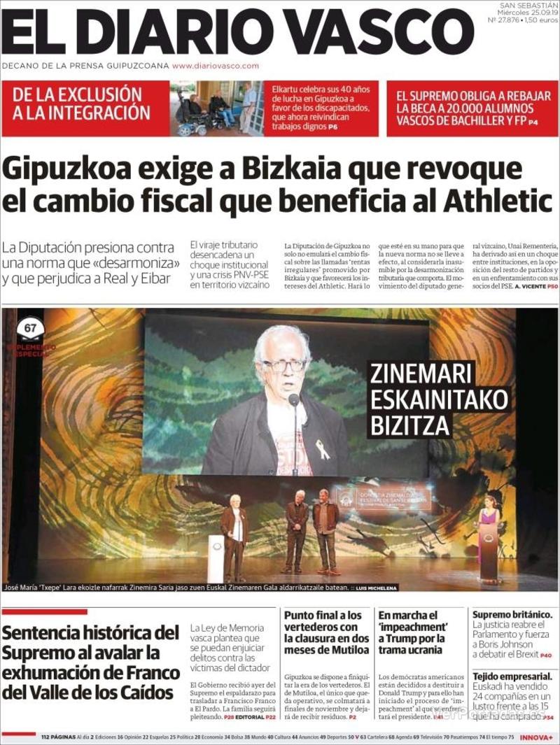 Portada El Diario Vasco 2019-09-26