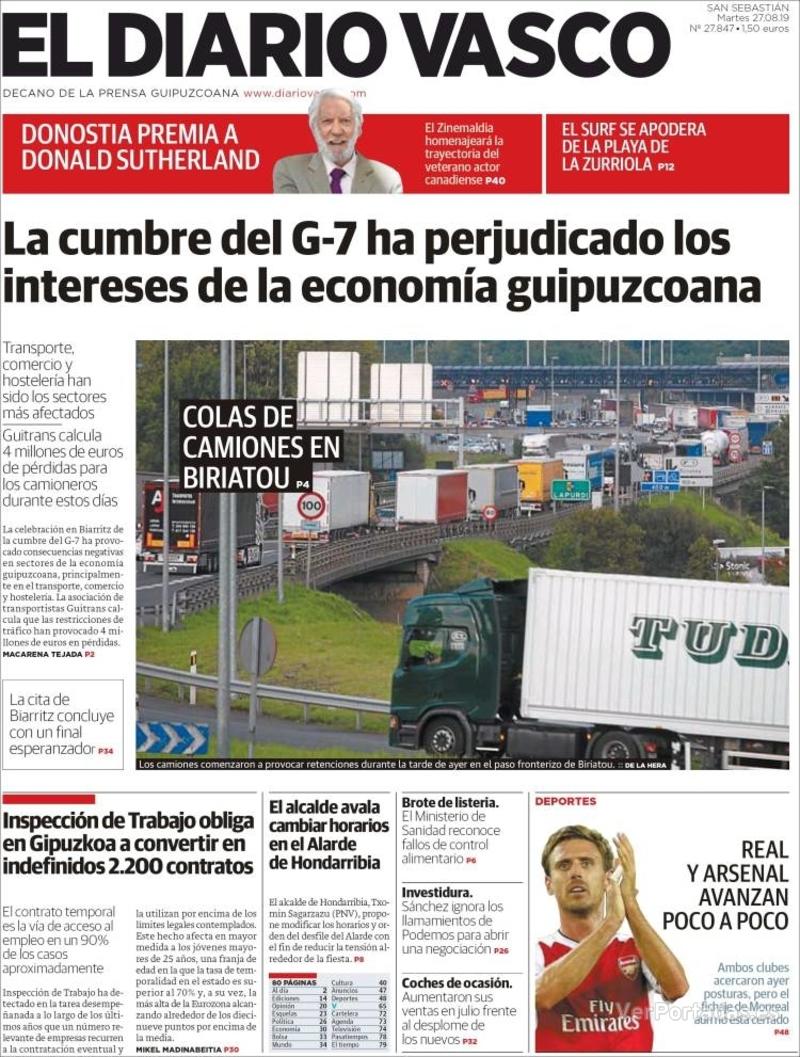 Portada El Diario Vasco 2019-08-28