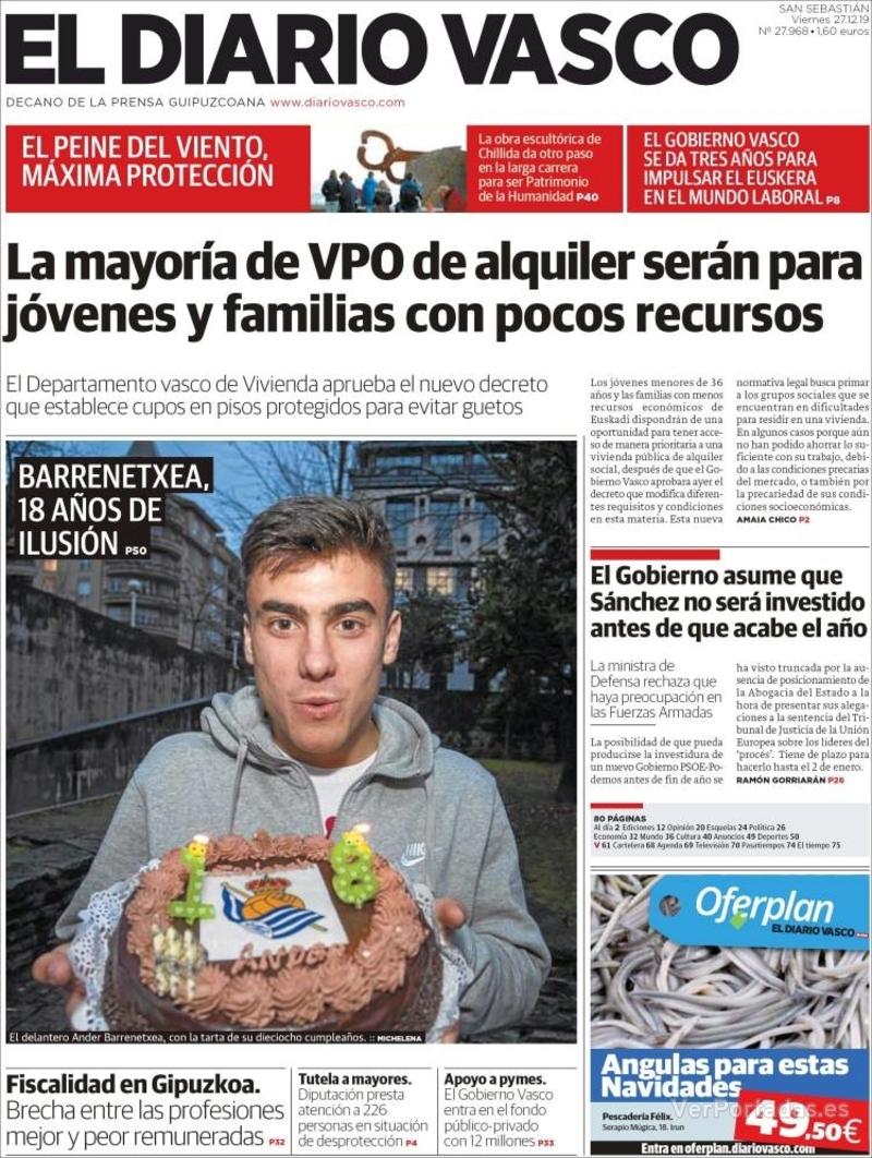 Portada El Diario Vasco 2019-12-28