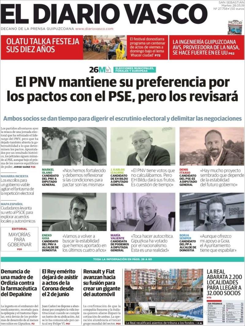 Portada El Diario Vasco 2019-05-29