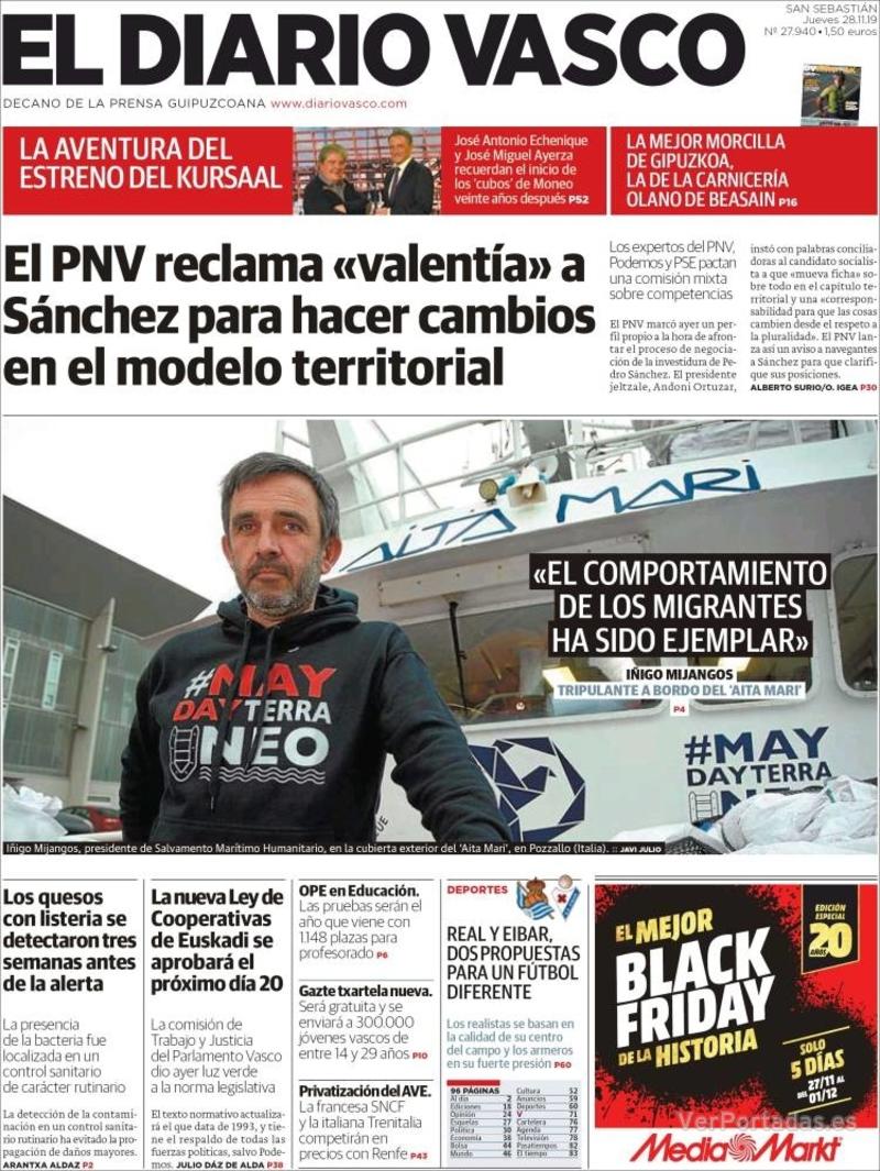 Portada El Diario Vasco 2019-11-29