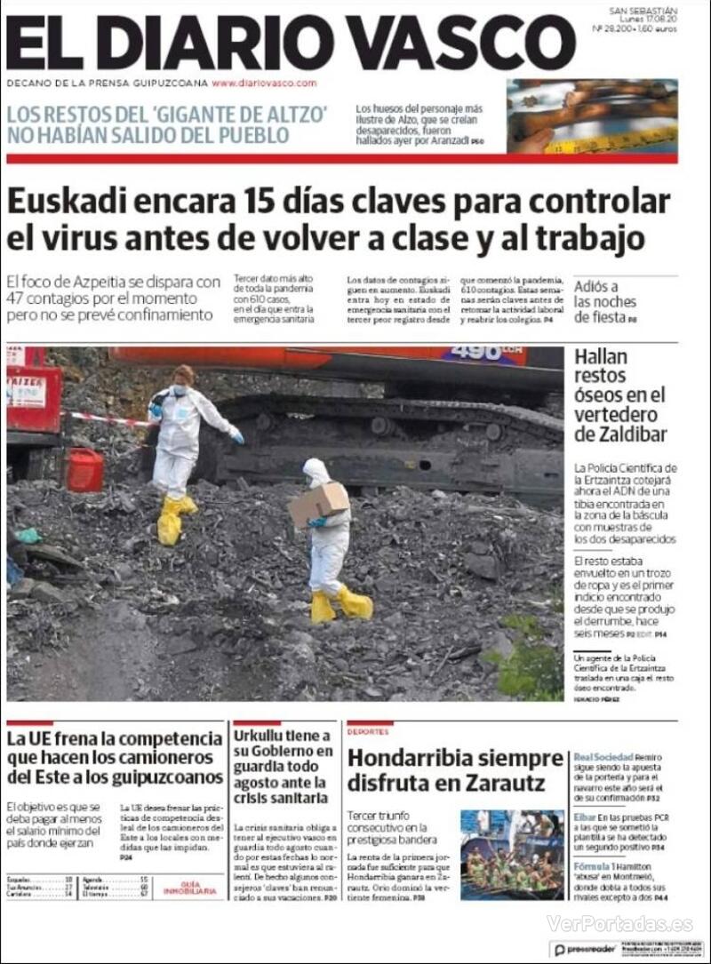 Portada El Diario Vasco 2020-08-18