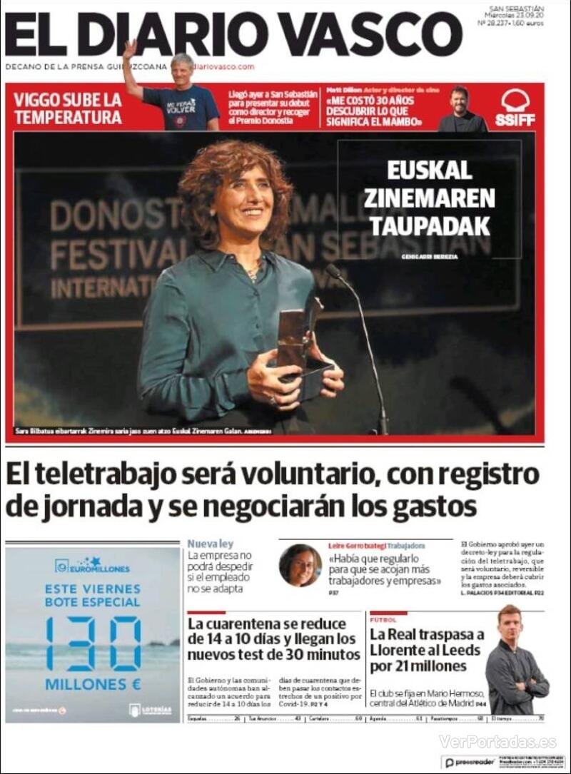 Portada El Diario Vasco 2020-09-24