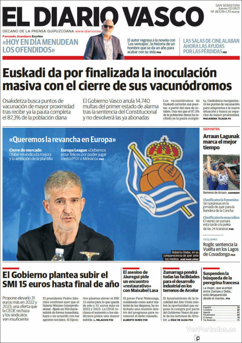 Portada El Diario Vasco 2021-09-03