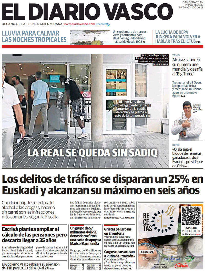 Portada El Diario Vasco 2022-09-14