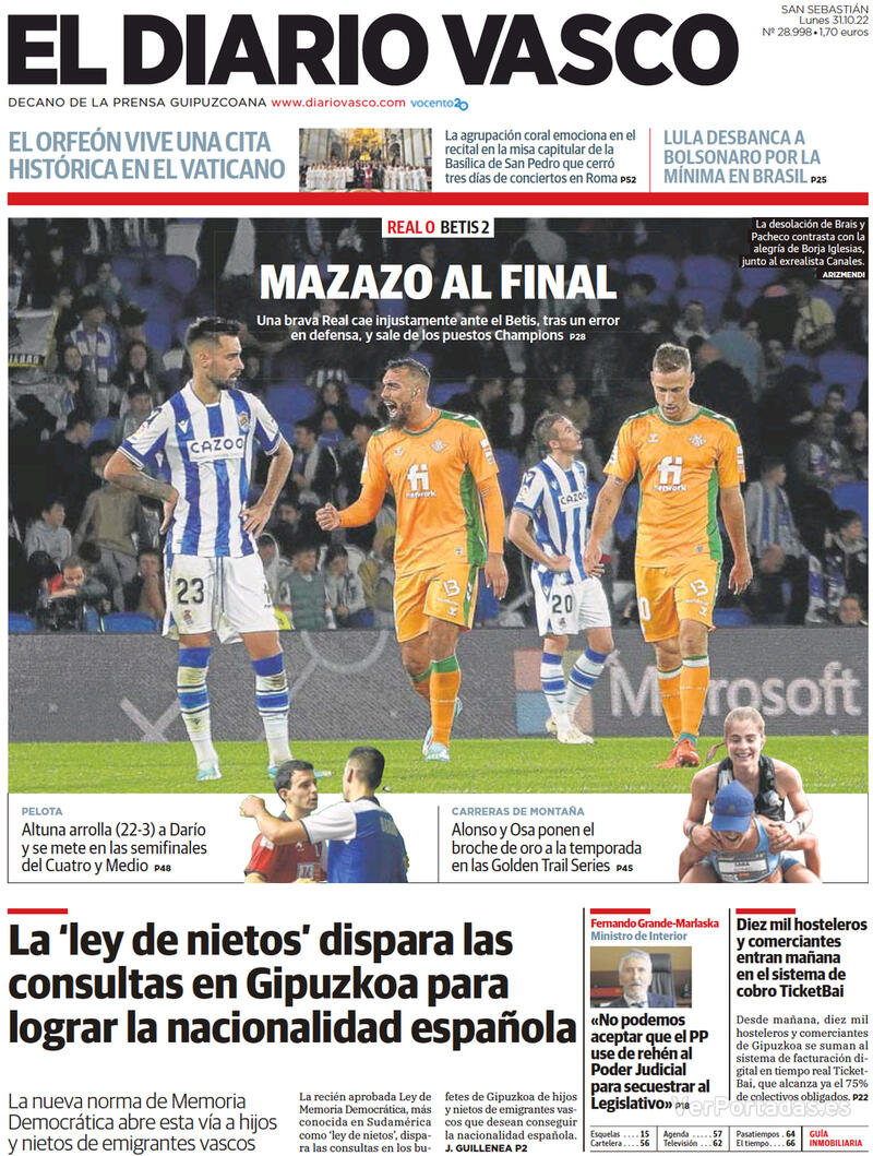 Portada El Diario Vasco 2022-11-01