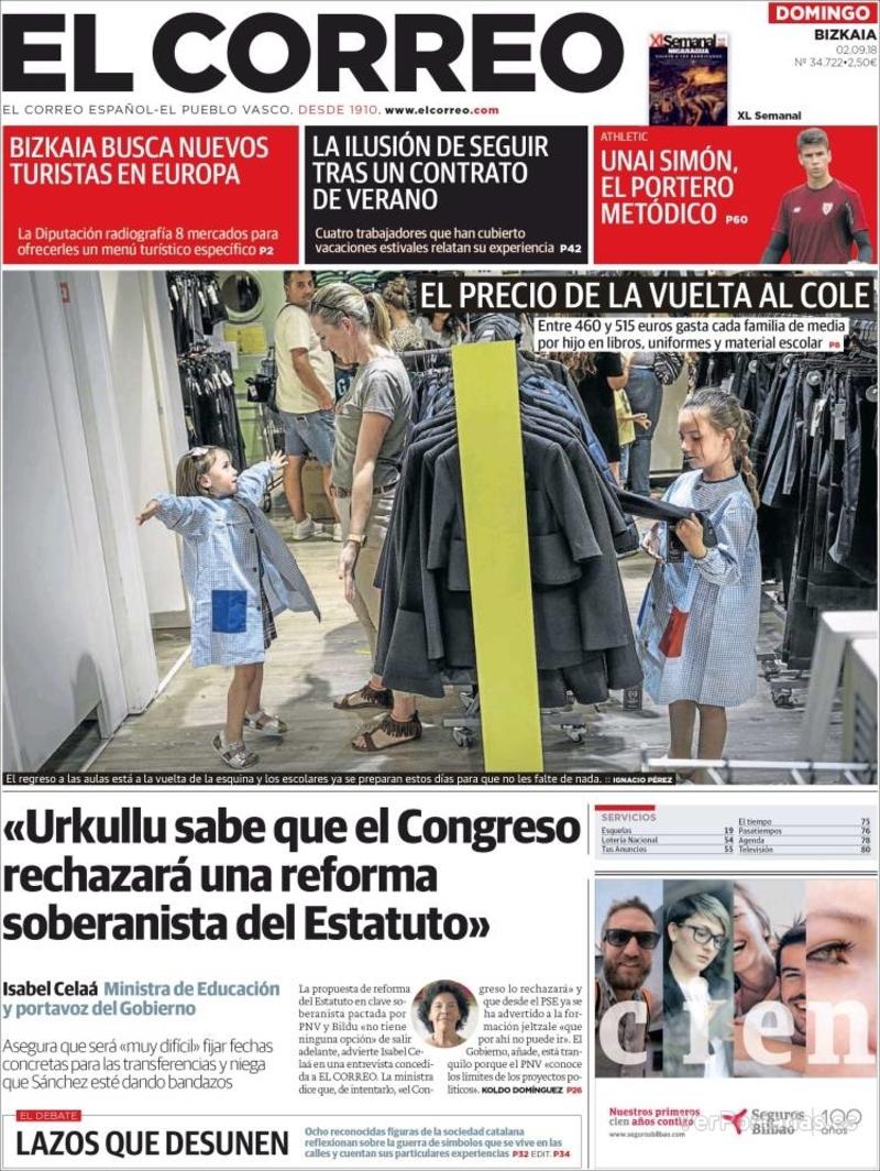 Portada El Correo 2018-09-03