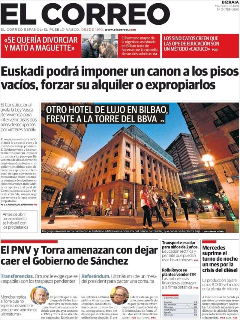 Portada El Correo 2018-10-04