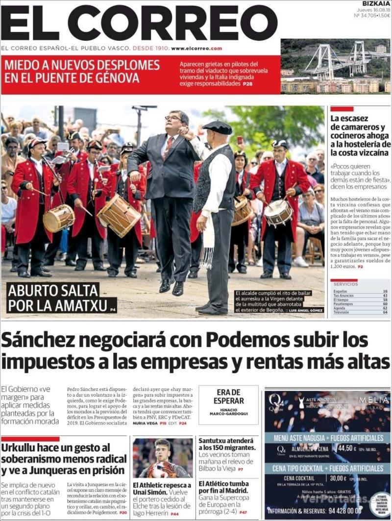 Portada El Correo 2018-08-17