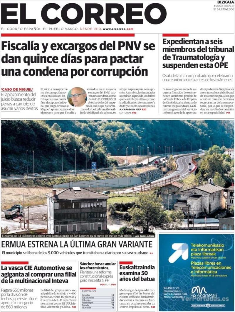 Portada El Correo 2018-09-19