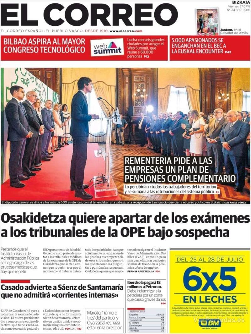 Portada El Correo 2018-07-28