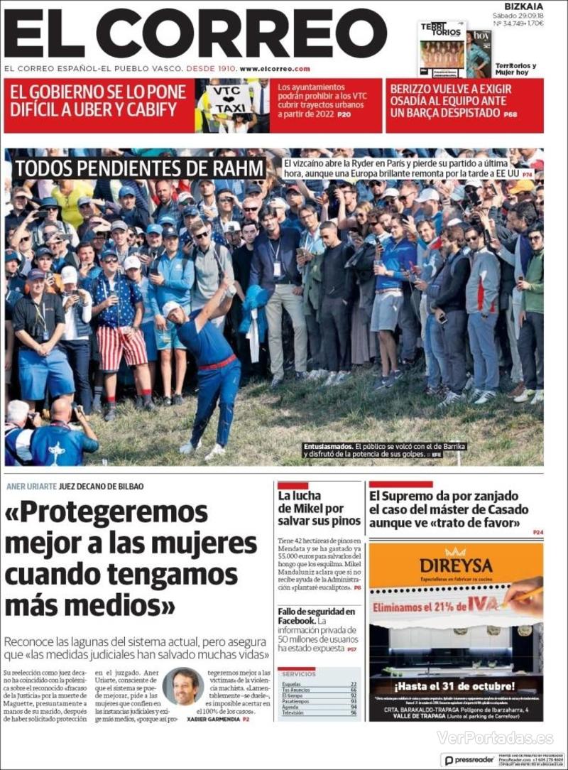 Portada El Correo 2018-09-30