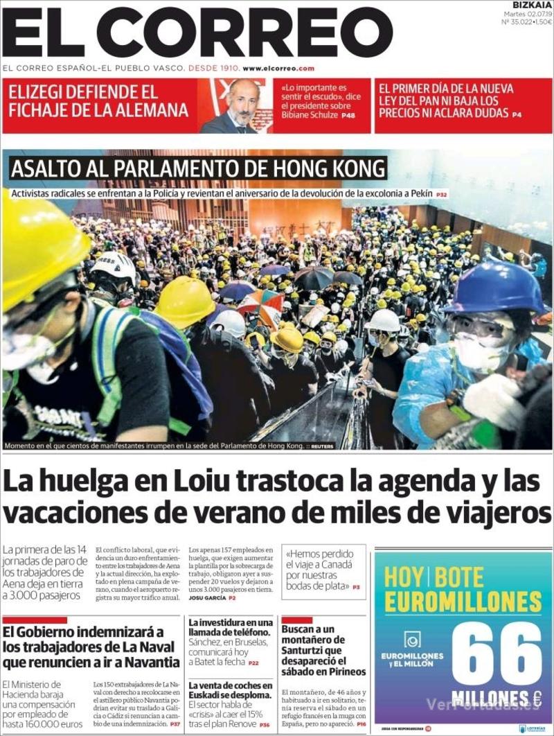 Portada El Correo 2019-07-03