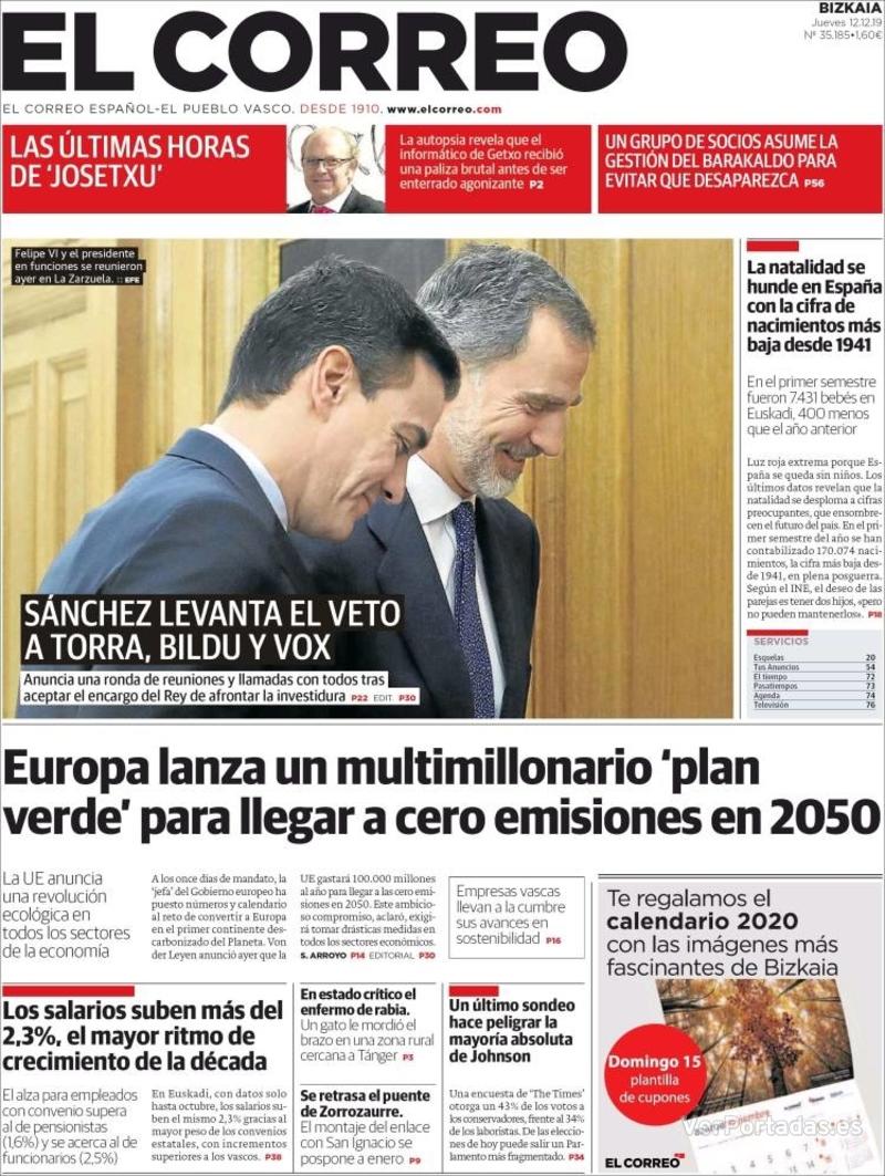 Portada El Correo 2019-12-13