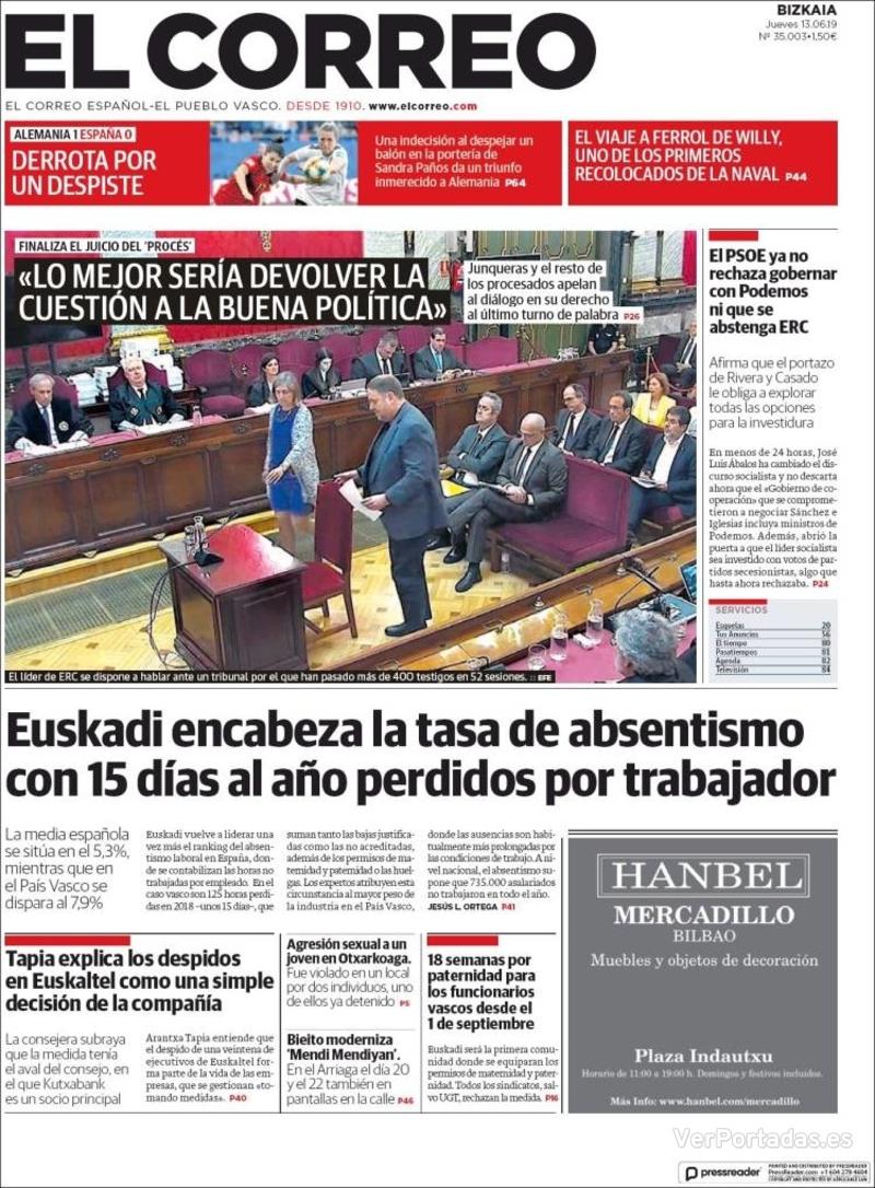 Portada El Correo 2019-06-14