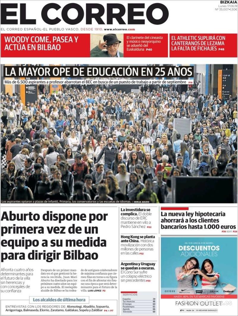 Portada El Correo 2019-06-18