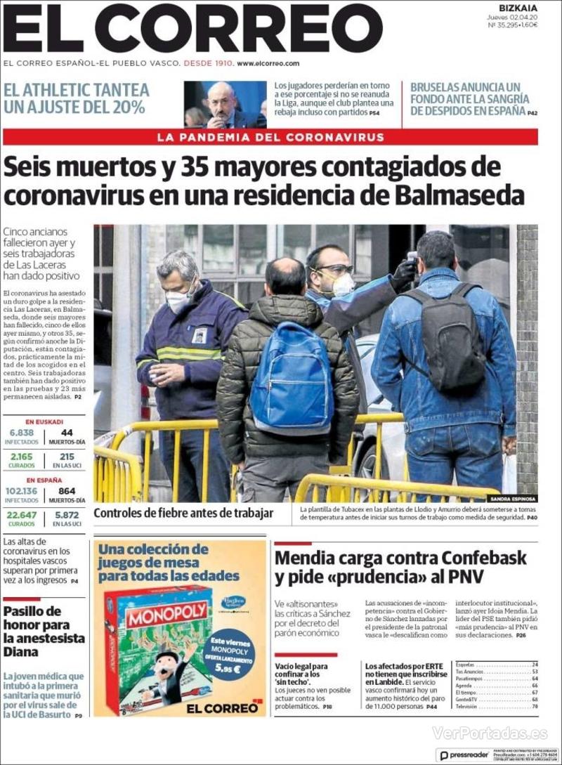 Portada El Correo 2020-04-03