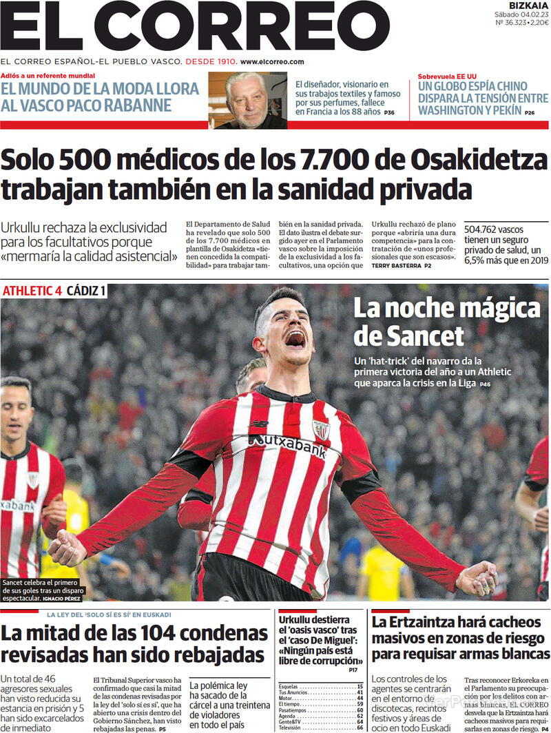 Portada El Correo 2023-02-06