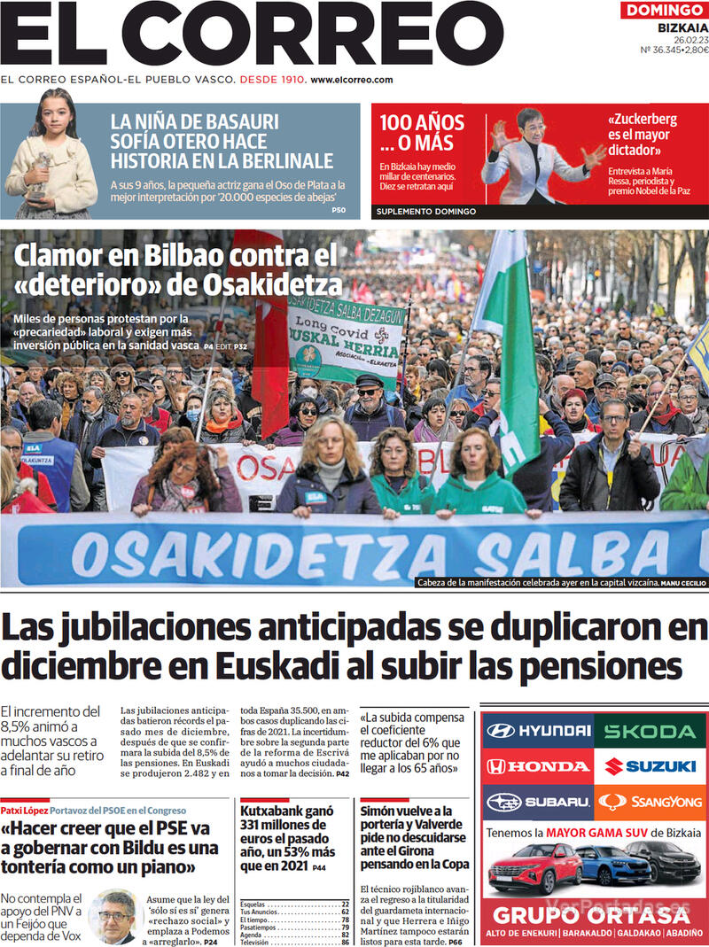 Portada El Correo 2023-02-27