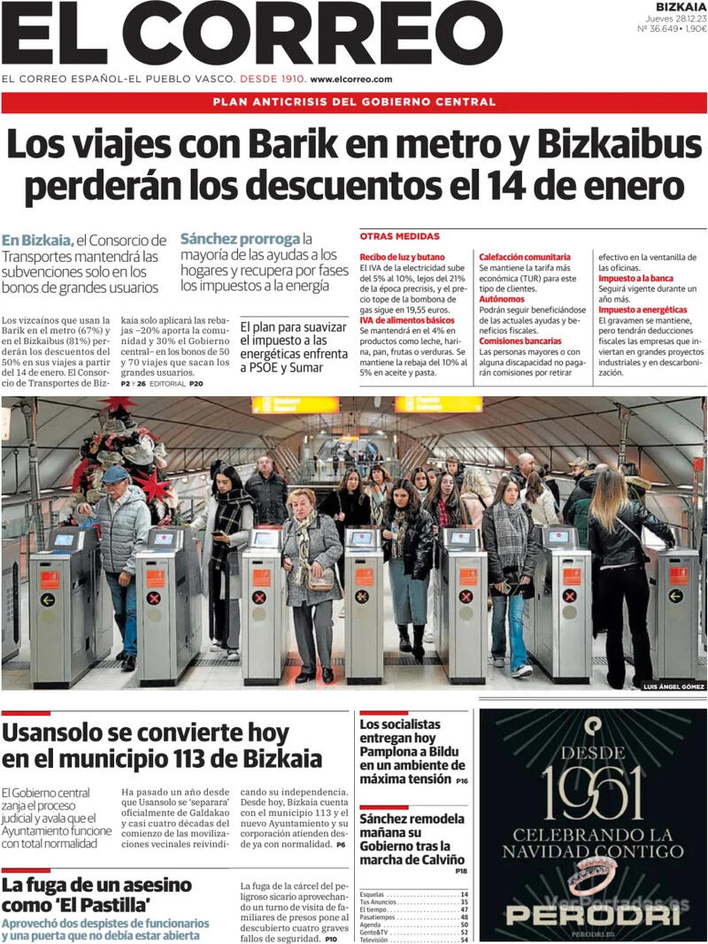 Portada El Periódico 2023-12-28