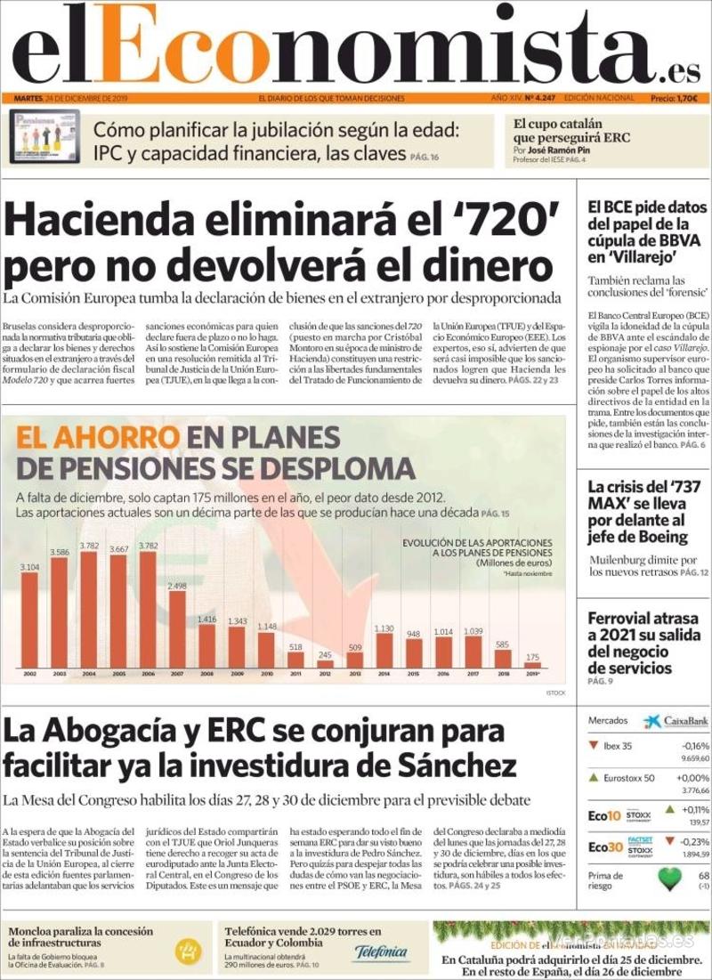 Portada El Economista 2019-12-26