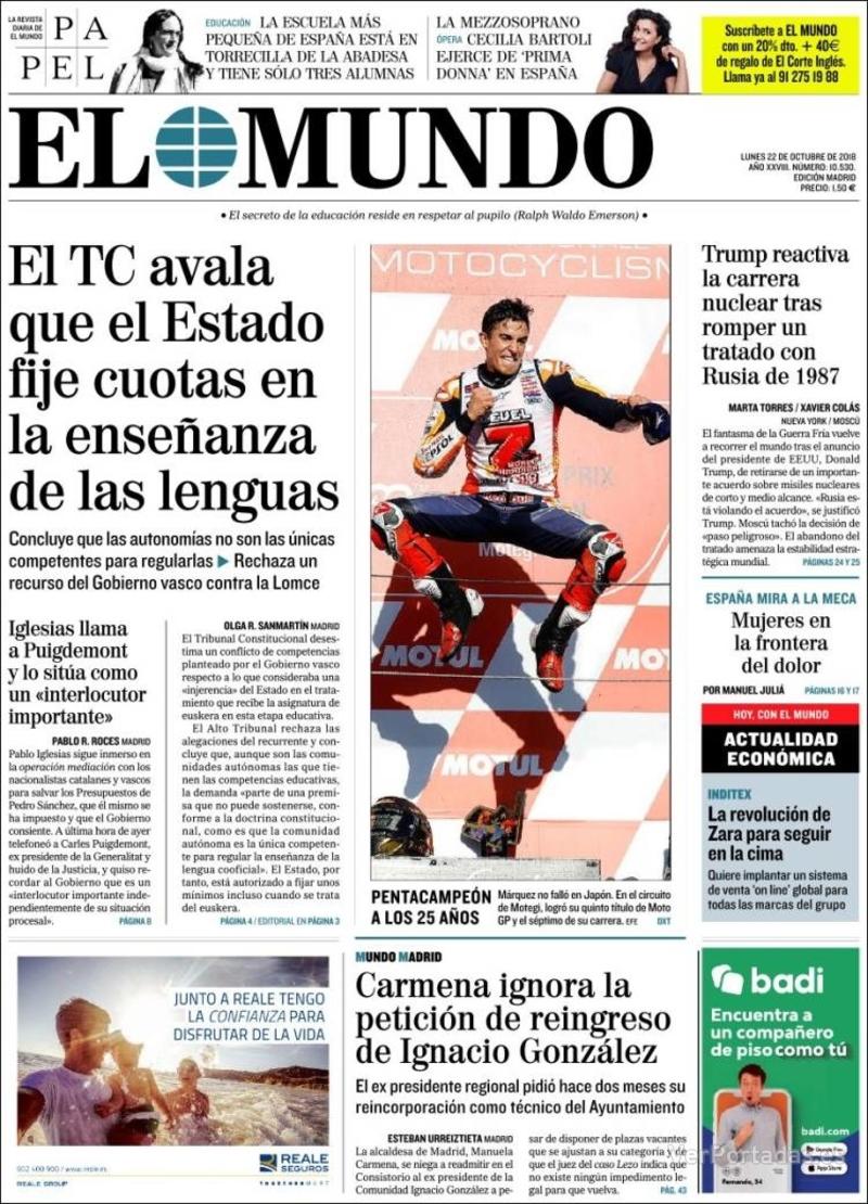 Portada El Mundo 2018-10-23