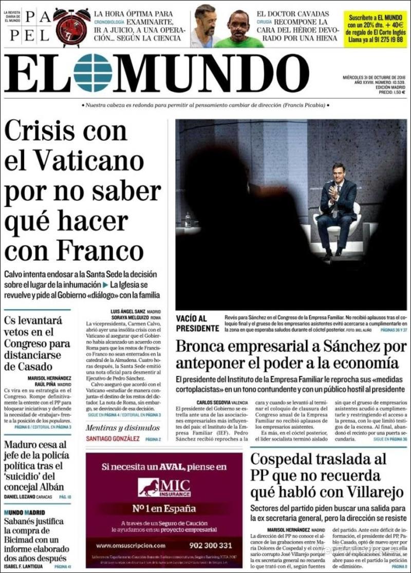 Portada El Mundo 2018-11-01