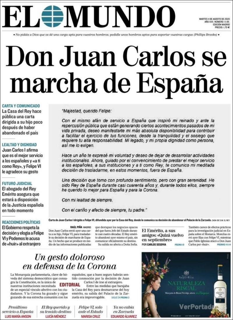 Portada El Mundo 2020-08-05