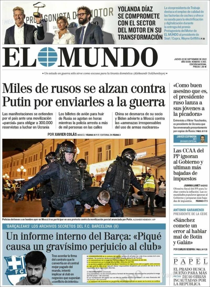 Portada El Mundo 2022-09-23