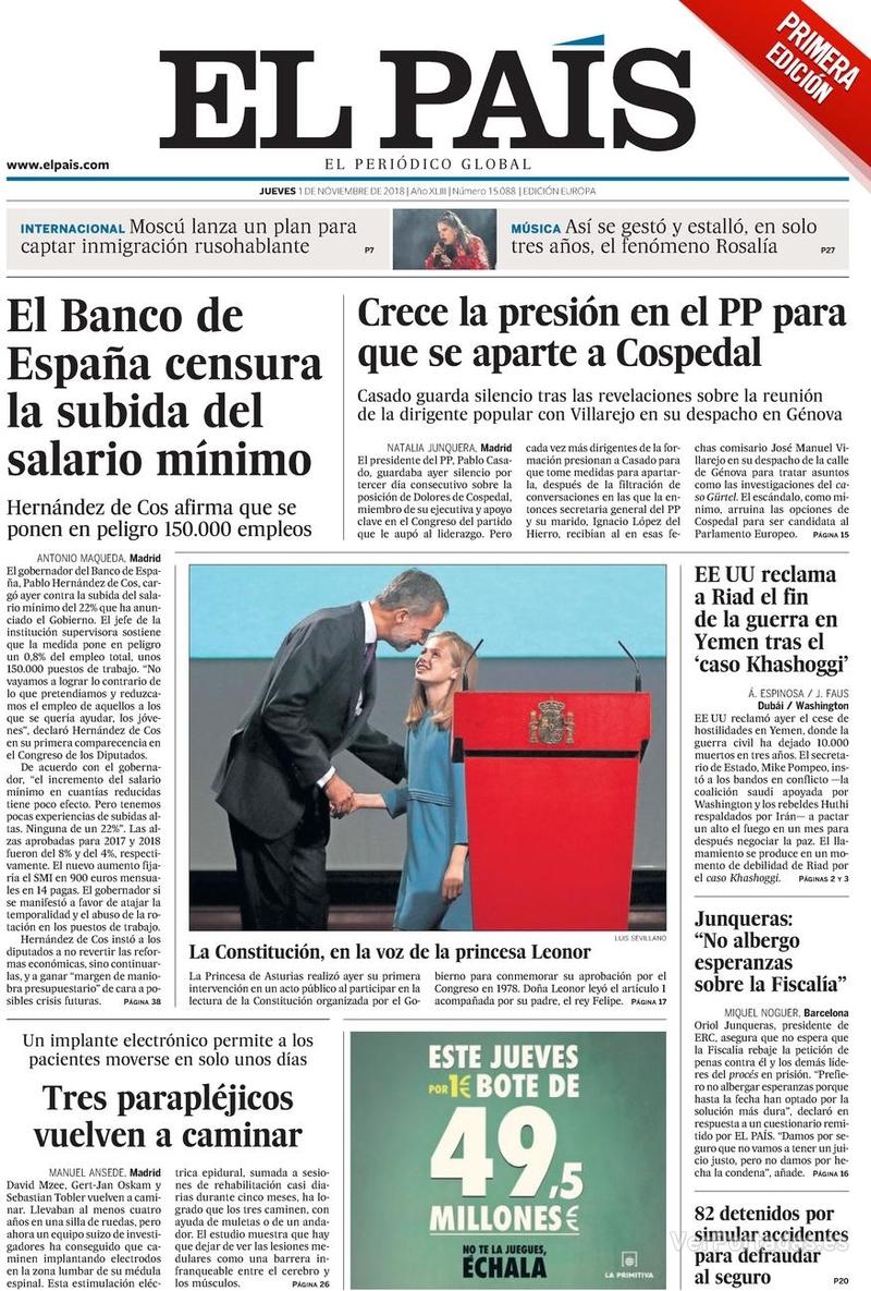 Portada El País 2018-11-02