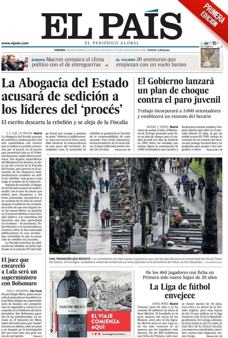Portada El País 2018-11-03