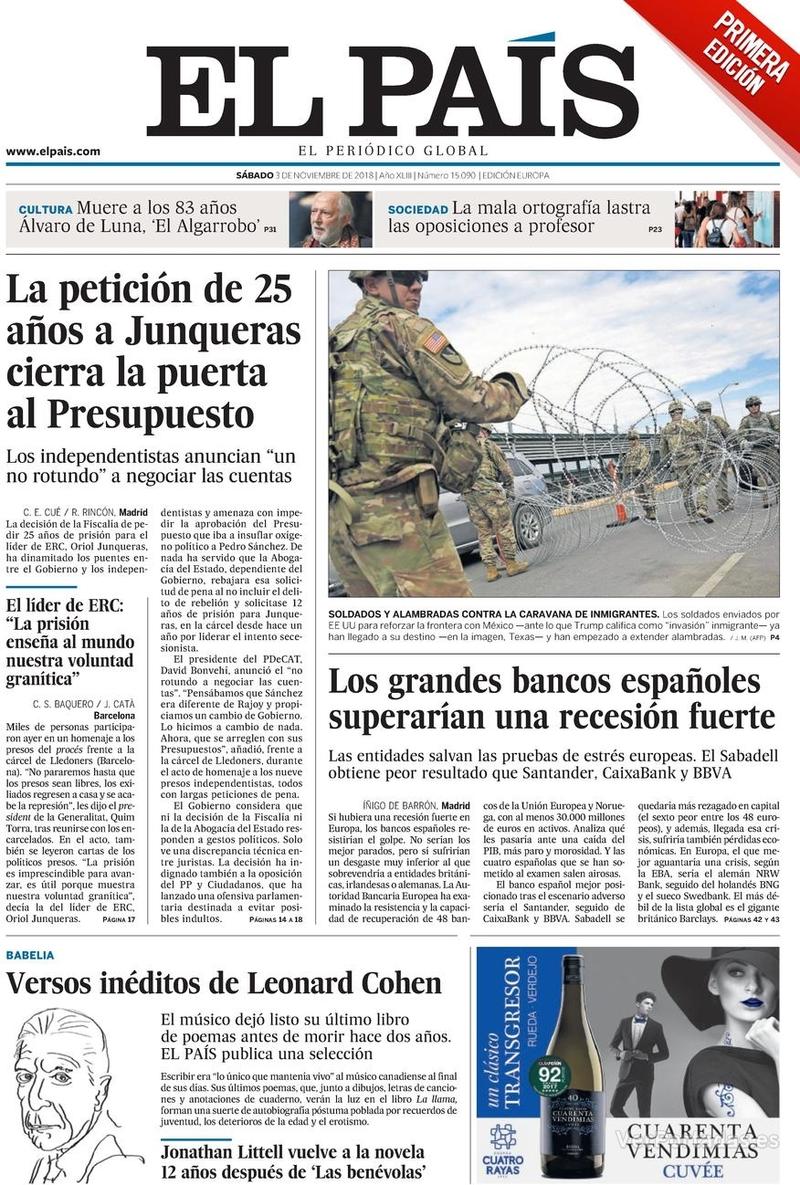 Portada El País 2018-11-04